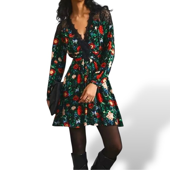 Anthropologie Dresses & Skirts - Anthropologie Black and Red Floral Lace mini dress